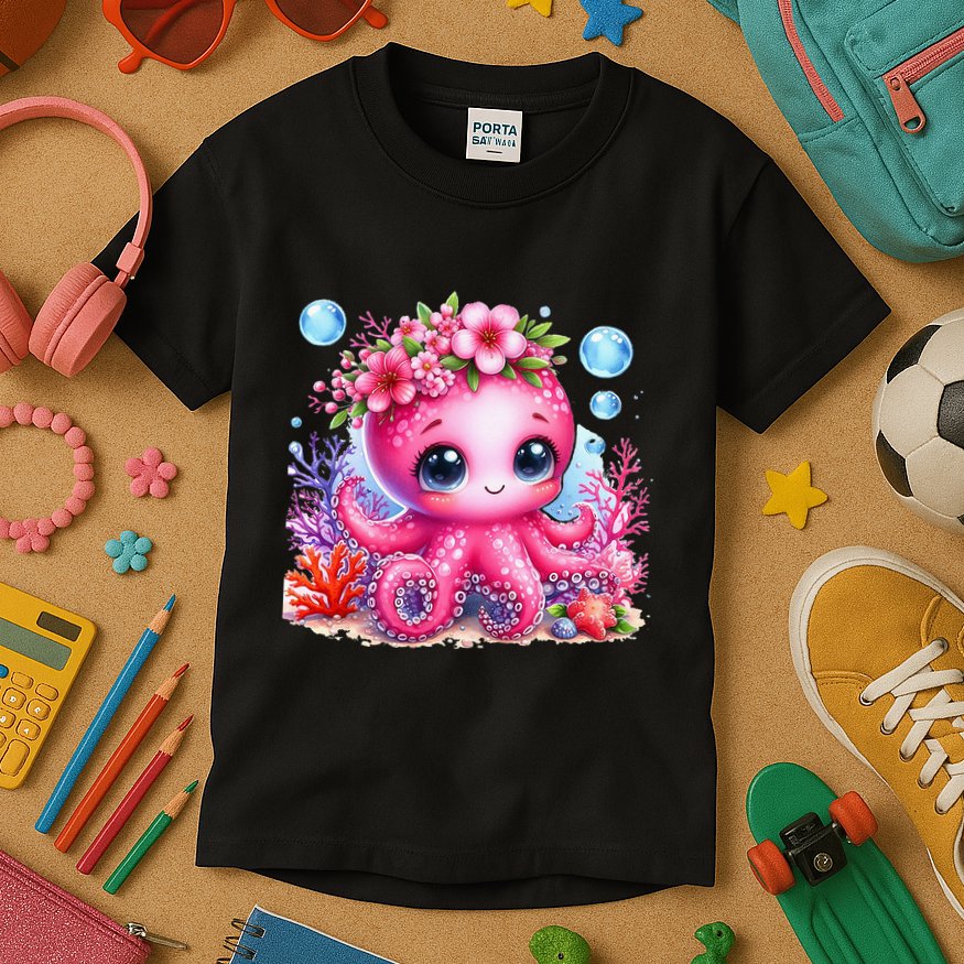 Adorable Baby Octopus Underwater Flower Coral Fish Ocean Sea Kids T-Shirt