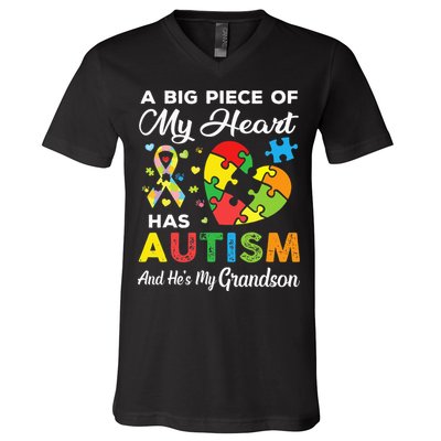A Big Piece Of My Heart Has Autism and He's My Grandson V-Neck T-Shirt