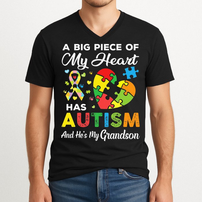 A Big Piece Of My Heart Has Autism and He's My Grandson V-Neck T-Shirt