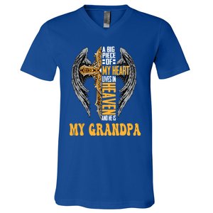 A Big Piece Of My Heart Lives In Heaven And He Is My Grandpa Funny Gift V-Neck T-Shirt