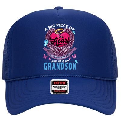 A Big Piece Of My Heart Lives In Heaven He Is My Grandson Funny Gift High Crown Mesh Back Trucker Hat