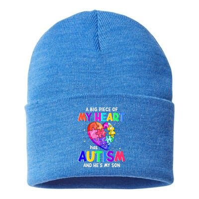 A Big Piece Of My Heart Has Autism And He's My Son Gift Sustainable Knit Beanie