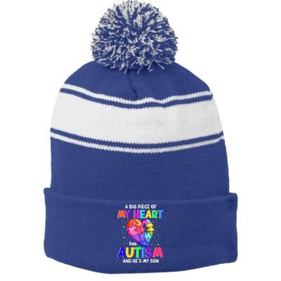 A Big Piece Of My Heart Has Autism And He's My Son Gift Stripe Pom Pom Beanie