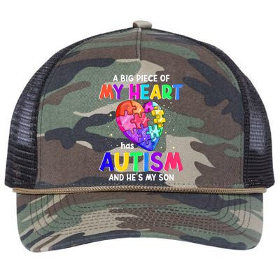 A Big Piece Of My Heart Has Autism And He's My Son Gift Retro Rope Trucker Hat Cap