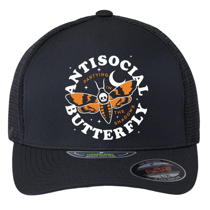 Antisocial Butterfly Partying In The Shadows Apparel Flexfit Unipanel Trucker Cap