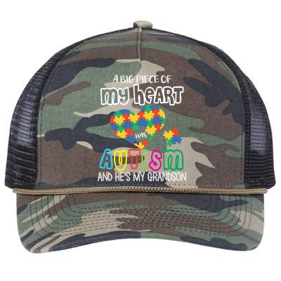 A Big Piece Of My Heart Has Autism Hes My Grandson Papa Nana Gift Retro Rope Trucker Hat Cap