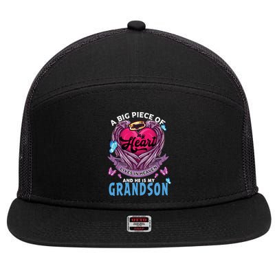 A Big Piece Of My Heart Lives In Heaven He Is My Grandson Gift 7 Panel Mesh Trucker Snapback Hat