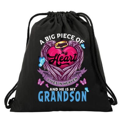 A Big Piece Of My Heart Lives In Heaven He Is My Grandson Gift Drawstring Bag