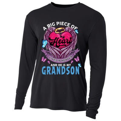 A Big Piece Of My Heart Lives In Heaven He Is My Grandson Gift Cooling Performance Long Sleeve Crew