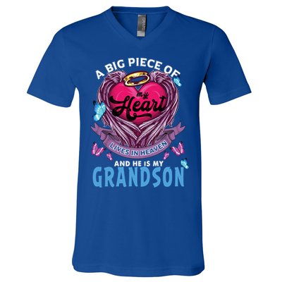 A Big Piece Of My Heart Lives In Heaven He Is My Grandson Gift V-Neck T-Shirt