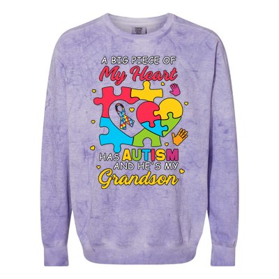 A Big Piece Of My Heart Has Autism And He's My Grandson Autism Awareness Colorblast Crewneck Sweatshirt