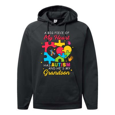 A Big Piece Of My Heart Has Autism And He's My Grandson Autism Awareness Performance Fleece Hoodie