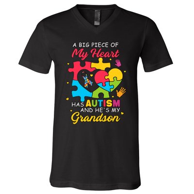 A Big Piece Of My Heart Has Autism And He's My Grandson Autism Awareness V-Neck T-Shirt