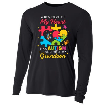 A Big Piece Of My Heart Has Autism And He's My Grandson Autism Awareness Cooling Performance Long Sleeve Crew