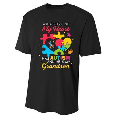 A Big Piece Of My Heart Has Autism And He's My Grandson Autism Awareness Performance Sprint T-Shirt