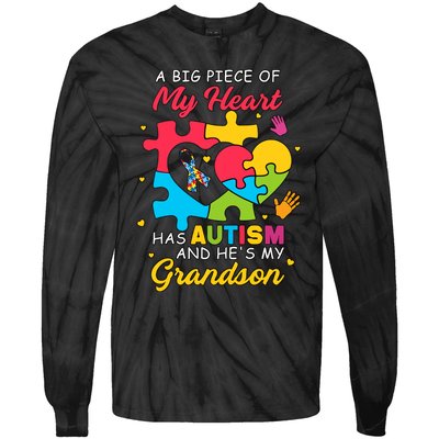 A Big Piece Of My Heart Has Autism And He's My Grandson Autism Awareness Tie-Dye Long Sleeve Shirt