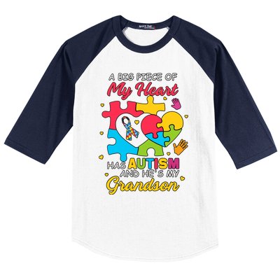 A Big Piece Of My Heart Has Autism And He's My Grandson Autism Awareness Baseball Sleeve Shirt