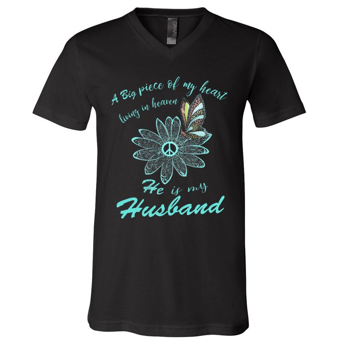 A Big Piece Of My Heart Lives In Heaven And He Is My Husband V-Neck T-Shirt