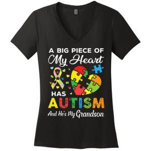 A Big Piece Of My Heart Has Autism and He's My Son Women's V-Neck T-Shirt