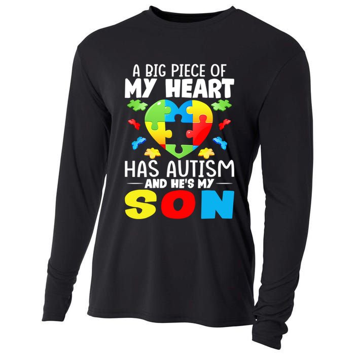 A Big Piece Of My Heart Has Autism And He's My Son Autism Gift Cooling Performance Long Sleeve Crew