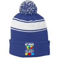 A Big Piece Of My Heart Has Autism And He's My Son Autism Gift Stripe Pom Pom Beanie