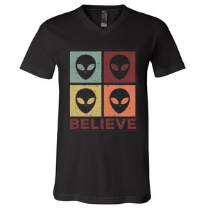 Alien Believe Retro Alien Gift For Alien Believer V-Neck T-Shirt