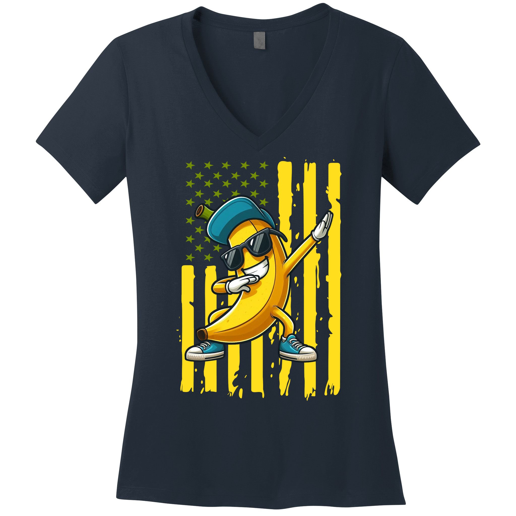 American Banana Retro USA Flag Dabbing Bananas Women's V-Neck T-Shirt