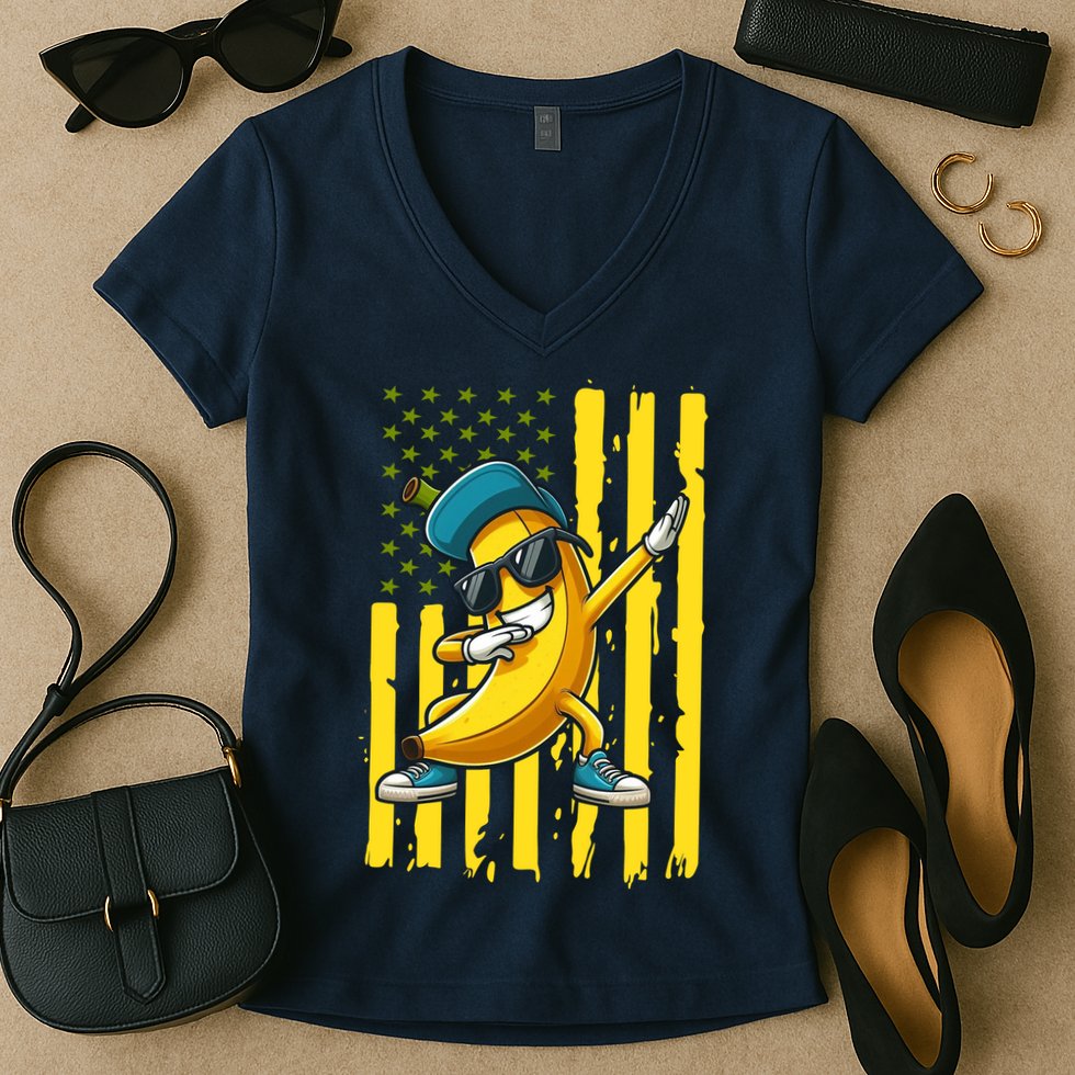 American Banana Retro USA Flag Dabbing Bananas Women's V-Neck T-Shirt
