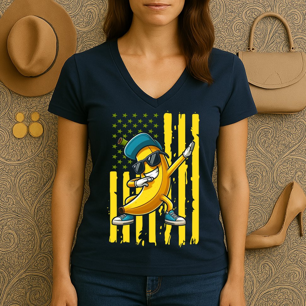 American Banana Retro USA Flag Dabbing Bananas Women's V-Neck T-Shirt