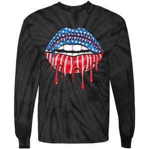 American Baseball stitches Flag Lips 4th Of July Patriotic Tie-Dye Long Sleeve Shirt