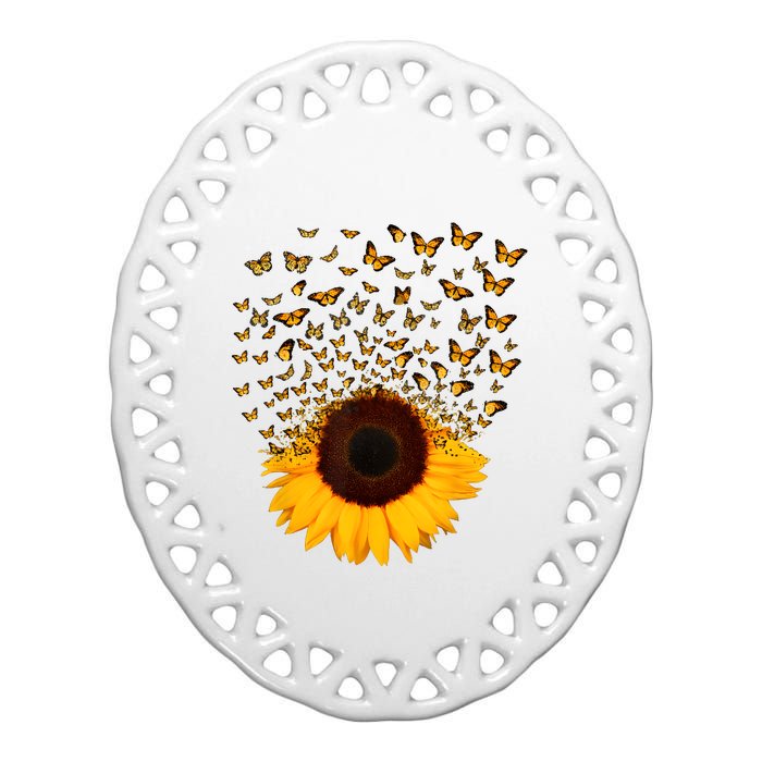 Adorable Butterfly Sunflower Ceramic Oval Ornament