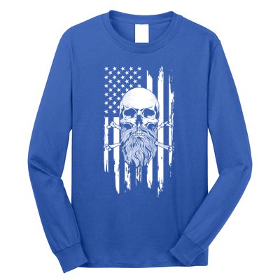 American Bearded Skull And Crossbones Flag 4th Of July Cool Gift Long Sleeve Shirt