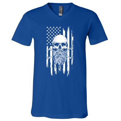 American Bearded Skull And Crossbones Flag 4th Of July Cool Gift V-Neck T-Shirt