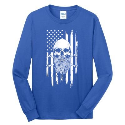 American Bearded Skull And Crossbones Flag 4th Of July Cool Gift Tall Long Sleeve T-Shirt