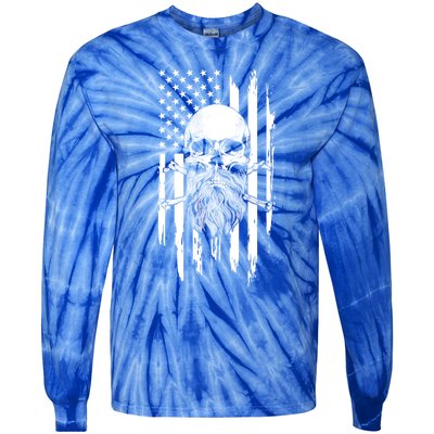 American Bearded Skull And Crossbones Flag 4th Of July Cool Gift Tie-Dye Long Sleeve Shirt