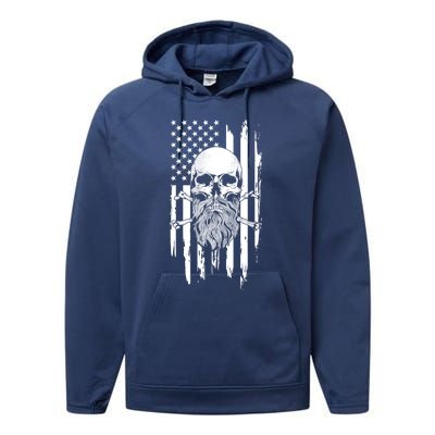 American Bearded Skull And Crossbones Flag 4th Of July Cool Gift Performance Fleece Hoodie