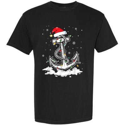 Anchor Boating Sailing Christmas Santa Hat Lights Funny Garment-Dyed Heavyweight T-Shirt