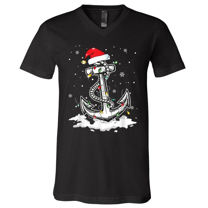 Anchor Boating Sailing Christmas Santa Hat Lights Funny V-Neck T-Shirt