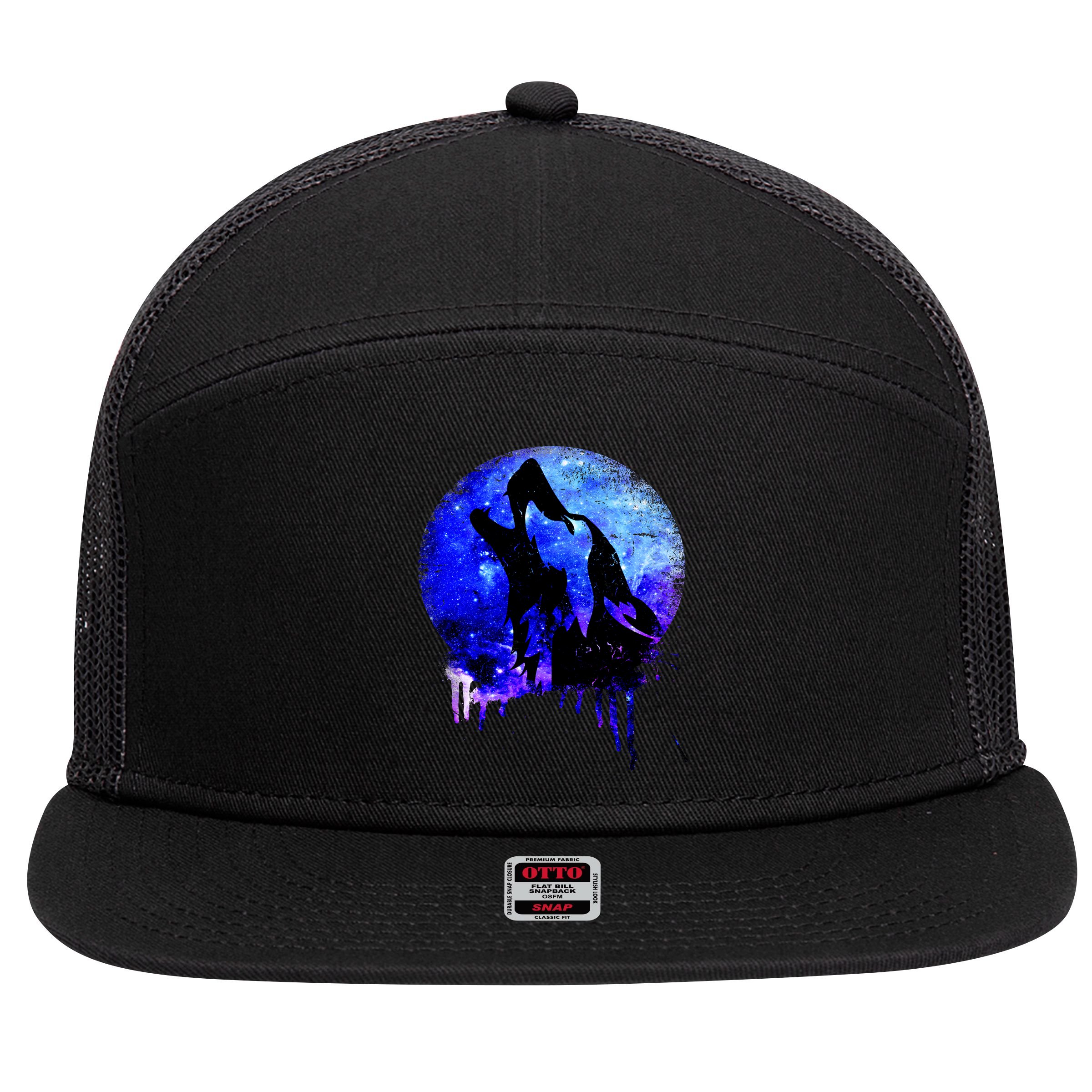 Abstract Moon Wolf 7 Panel Mesh Trucker Snapback Hat