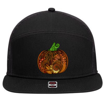 Abstract Pumpkin Thanksgiving Logo 7 Panel Mesh Trucker Snapback Hat