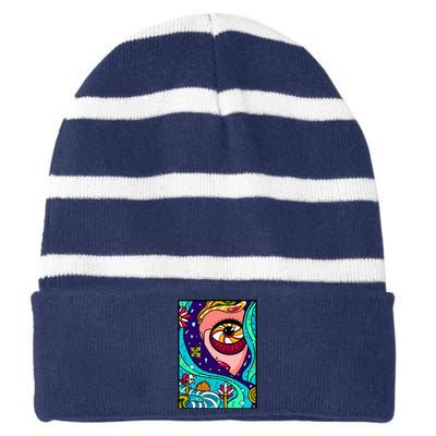 Abstract Sky Girl Striped Beanie with Solid Band