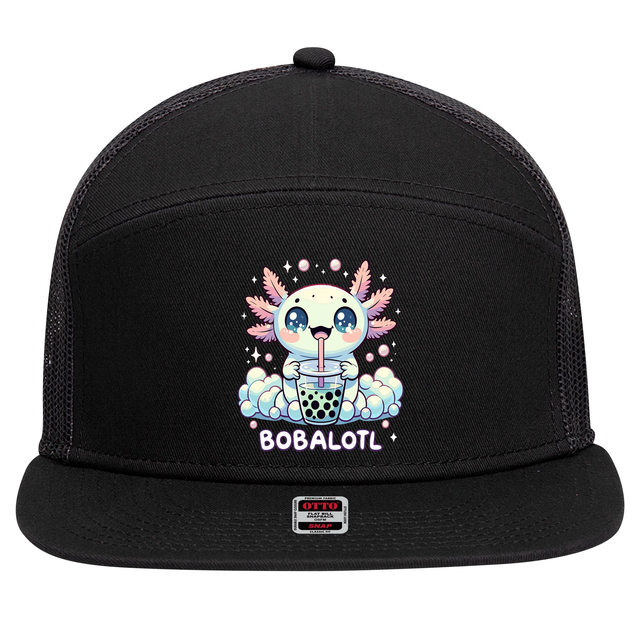 Axolotl Bubble Tea Anime Kawaii Cute Axolotl  7 Panel Mesh Trucker Snapback Hat