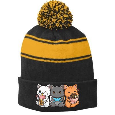 Anime Boba Tea Bubble Tea Gaming Gamer Ramen Cat Stripe Pom Pom Beanie