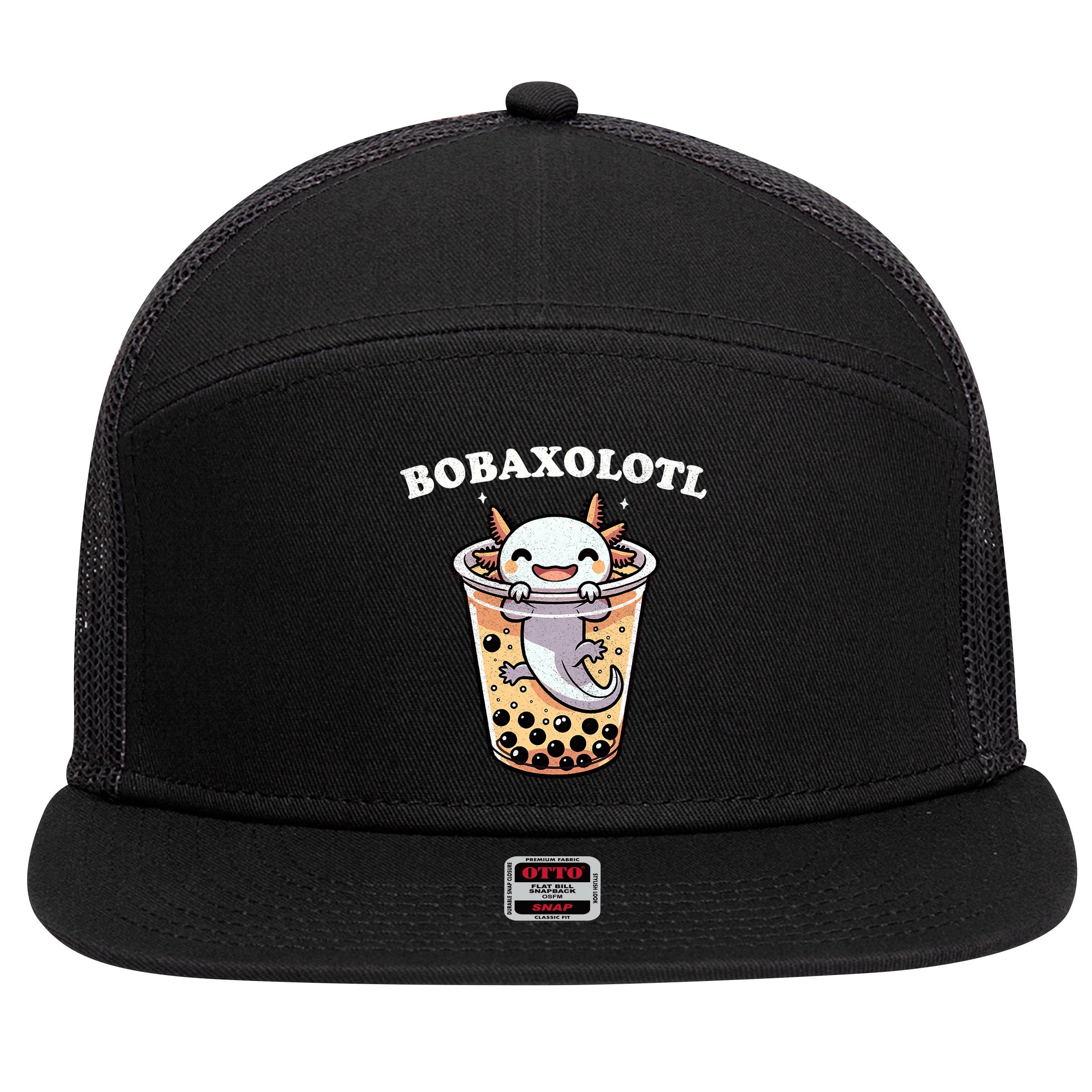 Axolotl Boba Tea Bubble Tea Milk Tea Anime Axolotl Funny 7 Panel Mesh Trucker Snapback Hat