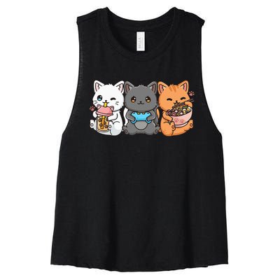 Anime Boba Tea Bubble Tea Gaming Gamer Ramen Cat Women's Racerback Cropped Tank