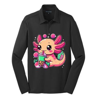 Axolotl Boba Tea Kawaii Neko Japanese Bubble Tea Silk Touch Performance Long Sleeve Polo