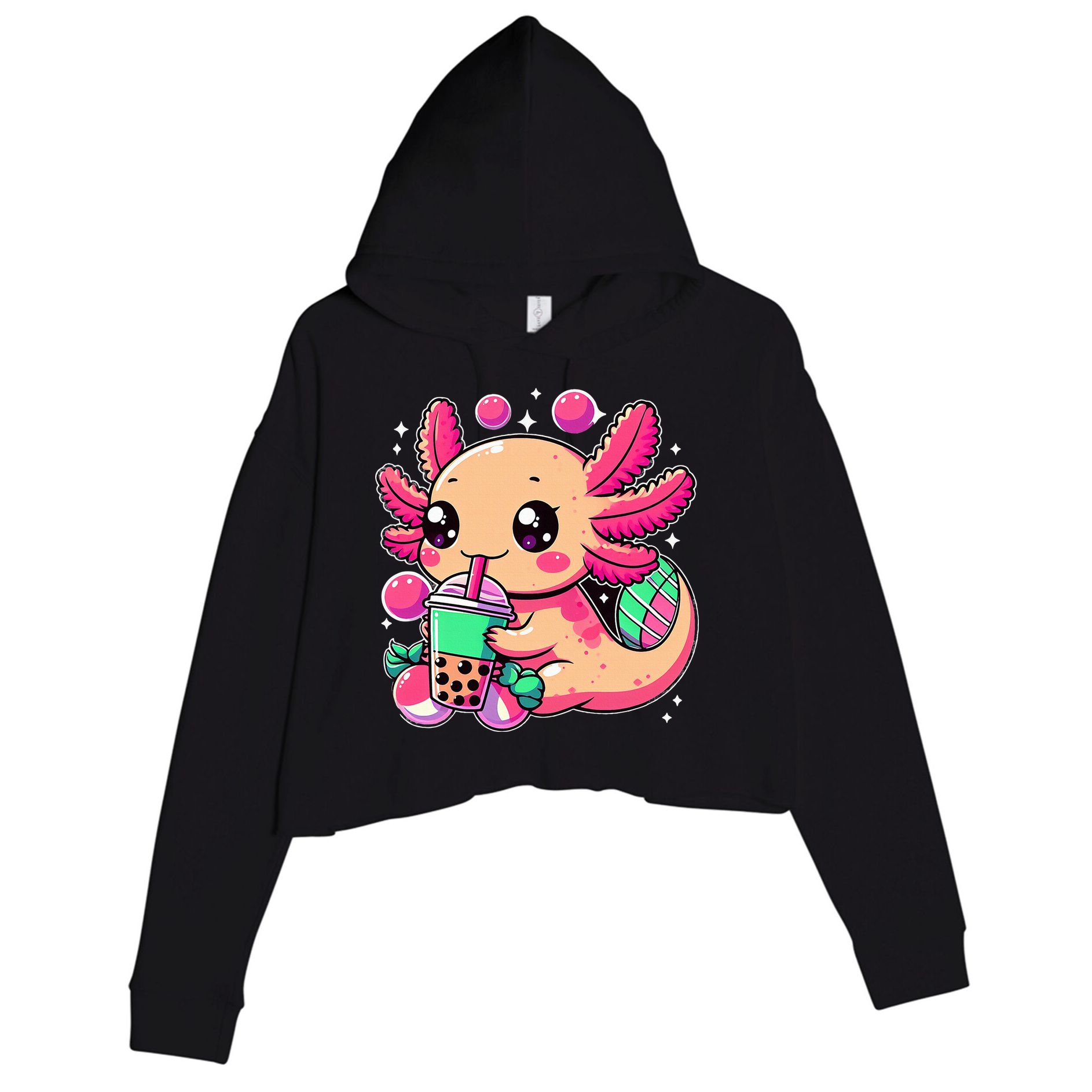 Axolotl Boba Tea Kawaii Neko Japanese Bubble Tea Crop Fleece Hoodie