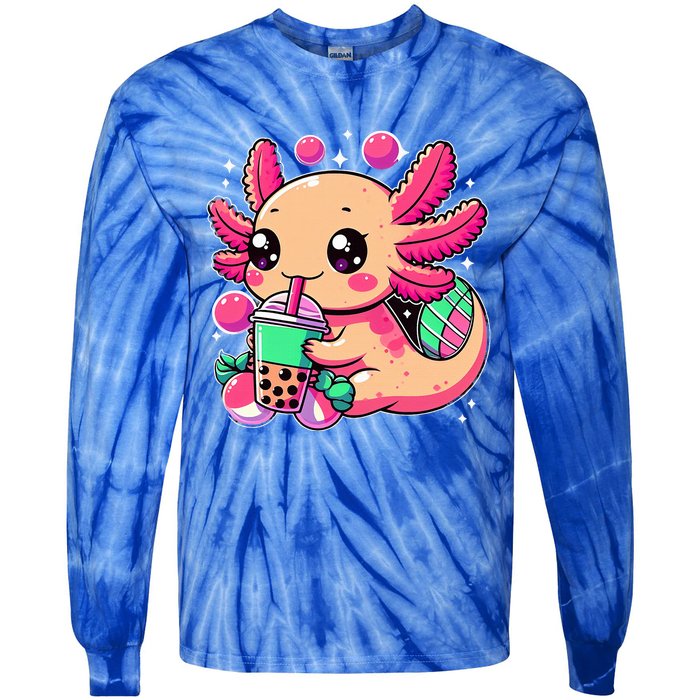 Axolotl Boba Tea Kawaii Neko Japanese Bubble Tea Tie-Dye Long Sleeve Shirt