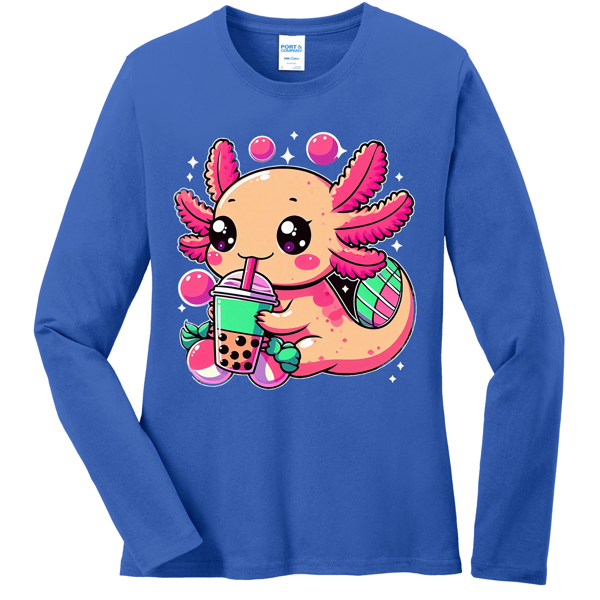 Axolotl Boba Tea Kawaii Neko Japanese Bubble Tea Ladies Long Sleeve Shirt