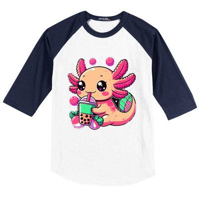 Axolotl Boba Tea Kawaii Neko Japanese Bubble Tea Baseball Sleeve Shirt